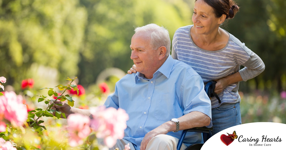 A caregiver brings an older adult with a wheelchair to see some flowers representing how professional caregivers can make outdoor activities accessible.